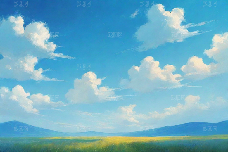 明亮蓝天下的绿草白云