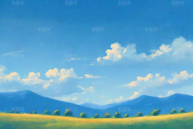 明亮蓝天下的绿草白云