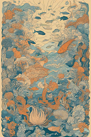 海洋幻影植物和生物插画的幻觉画面
