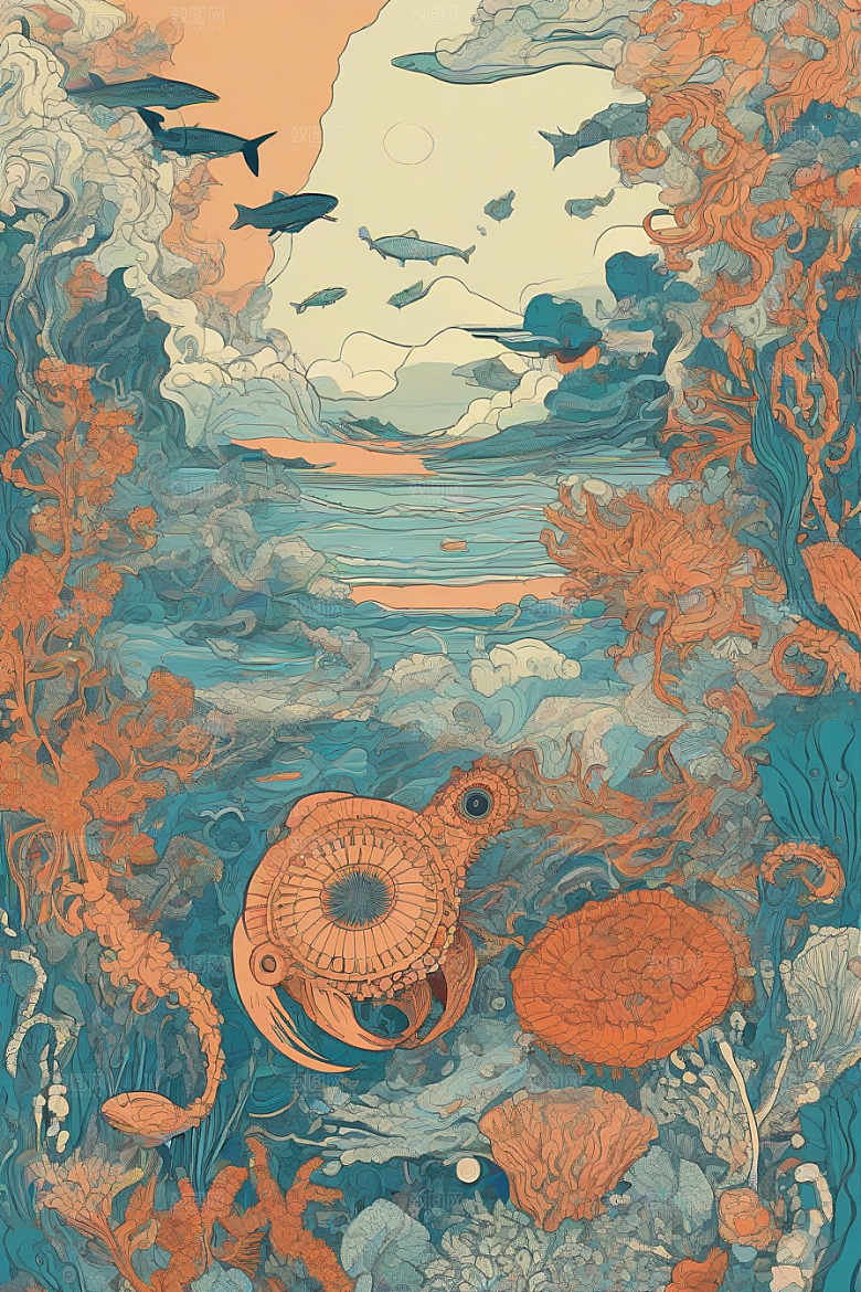海洋幻影植物和生物插画的幻觉画面
