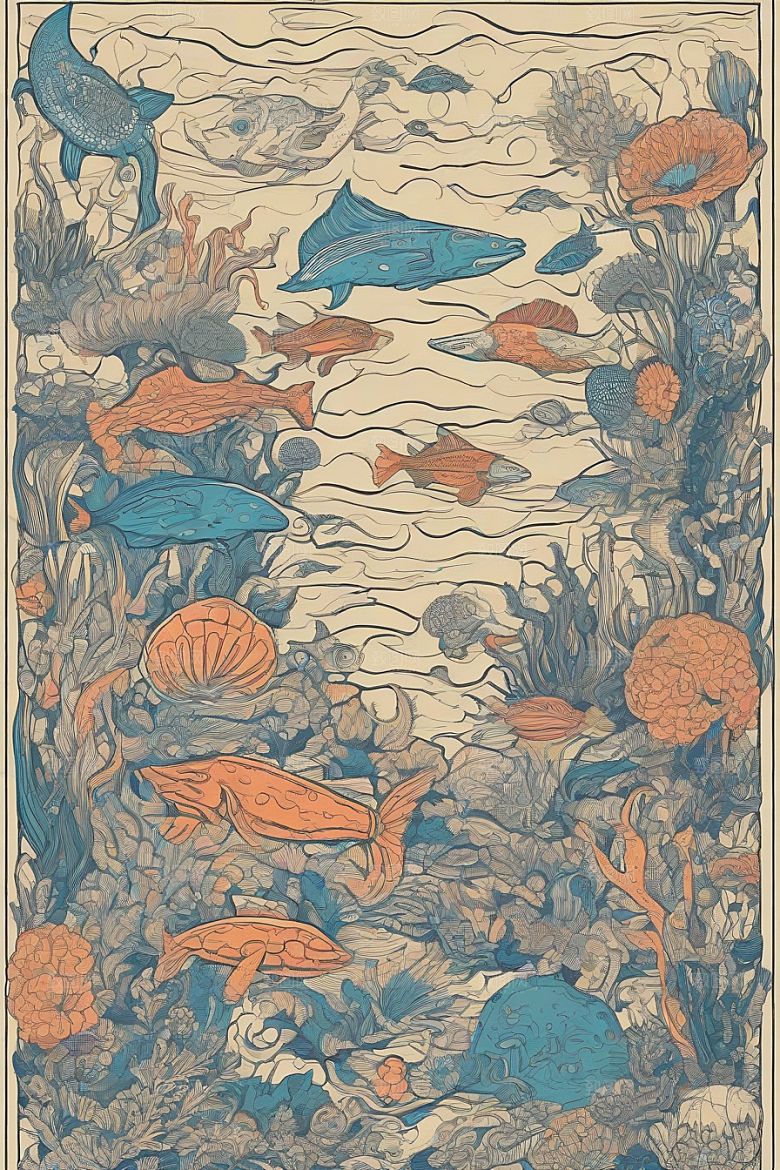 海洋幻影植物和生物插画的幻觉画面