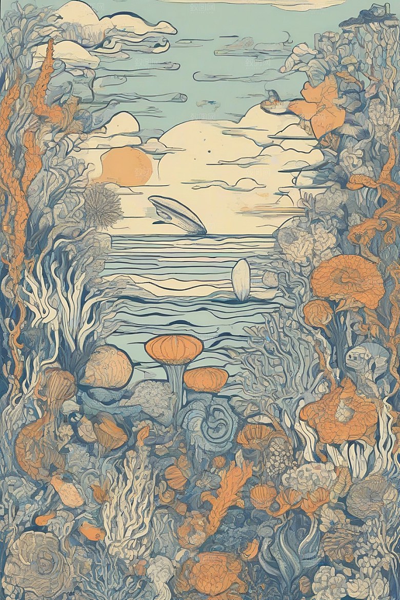 海洋幻影植物和生物插画的幻觉画面