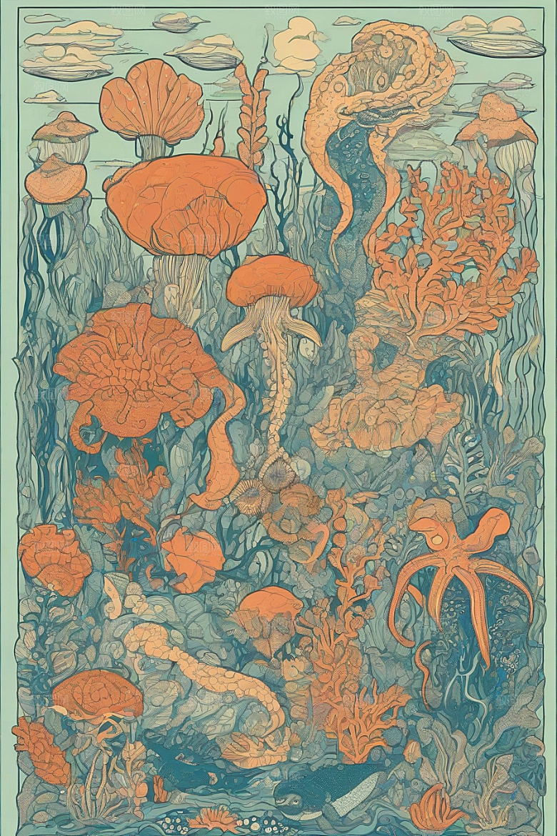 海洋幻影植物和生物插画的幻觉画面