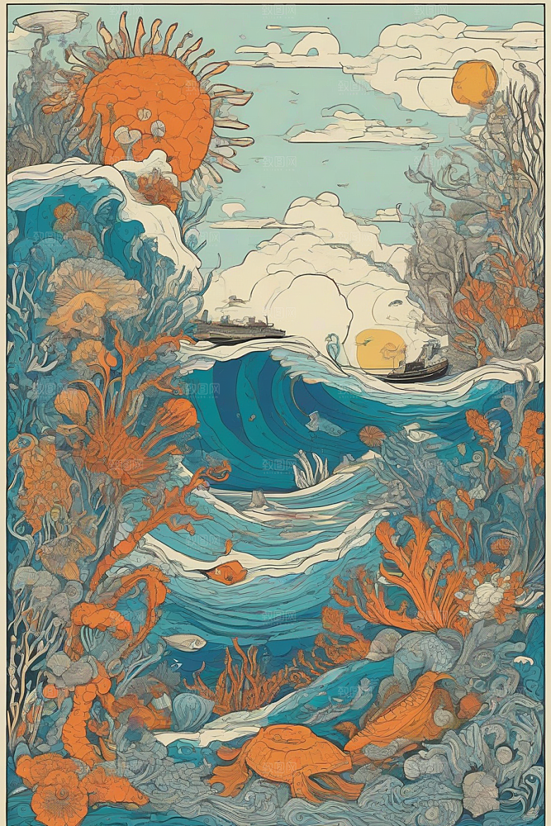 海洋幻影植物和生物插画的幻觉画面
