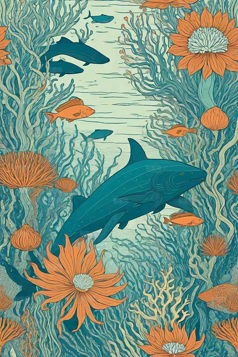 海洋幻影植物和生物插画的幻觉画面
