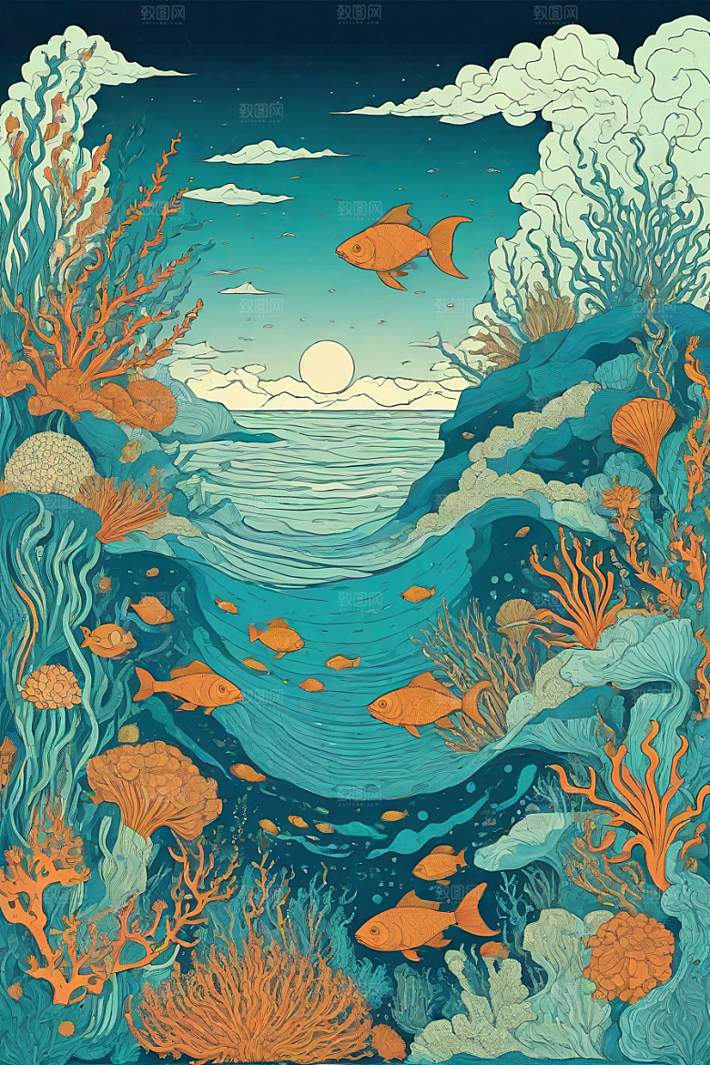 海洋幻影植物和生物插画的幻觉画面