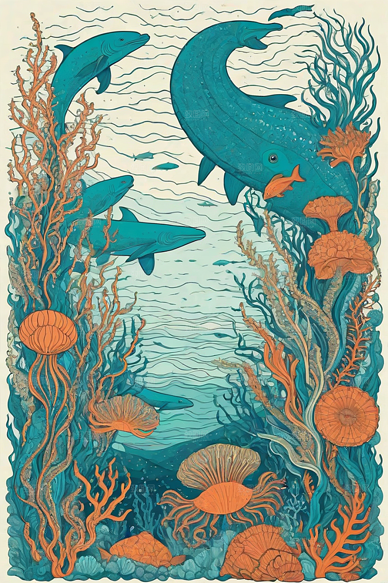 海洋幻影植物和生物插画的幻觉画面