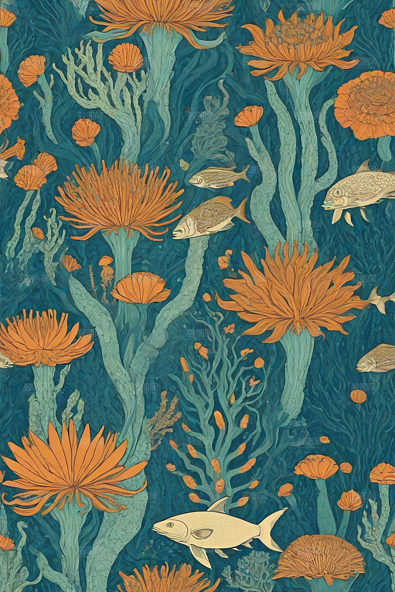 海洋幻影植物和生物插画的幻觉画面