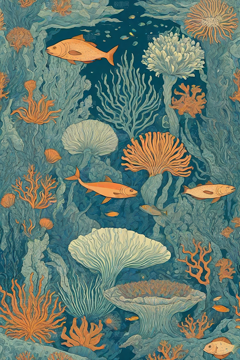 海洋幻影植物和生物插画的幻觉画面