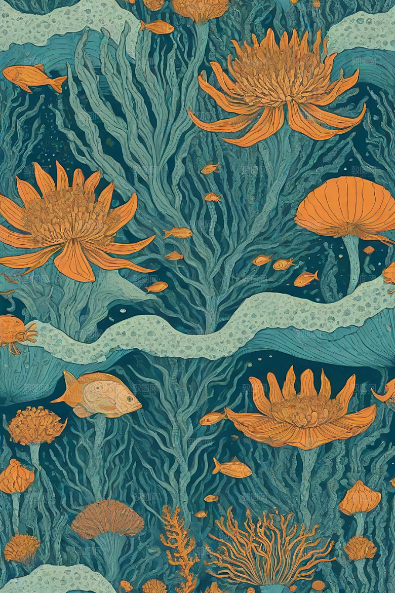 海洋幻影植物和生物插画的幻觉画面