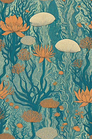 海洋幻影植物和生物插画的幻觉画面