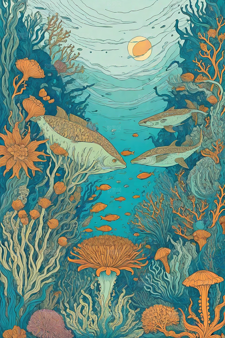 海洋幻影植物和生物插画的幻觉画面