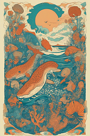 海洋幻影植物和生物插画的幻觉画面
