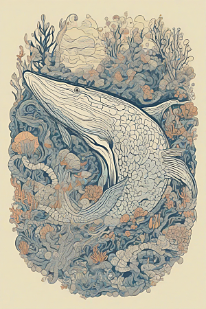 海洋幻影植物和生物插画的幻觉画面