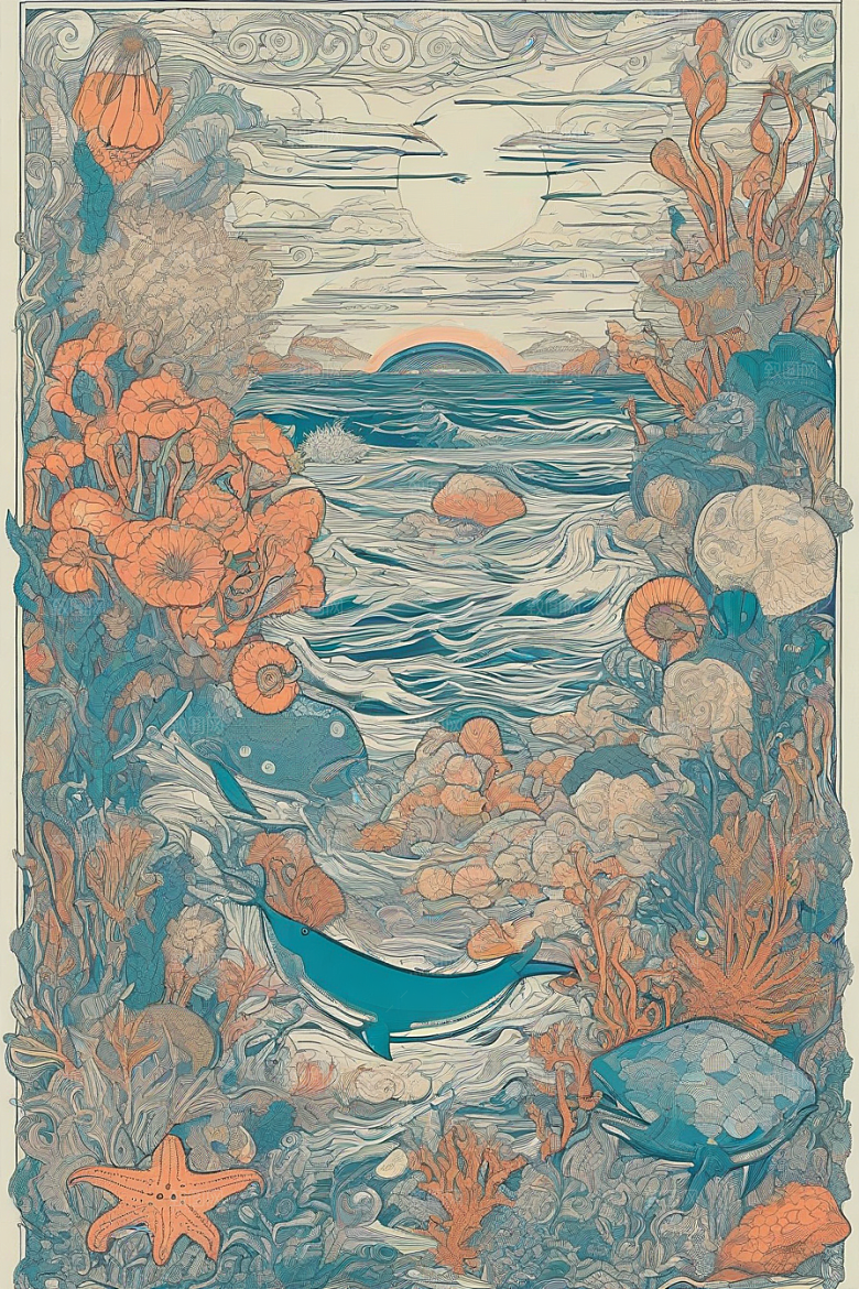 海洋幻影植物和生物插画的幻觉画面