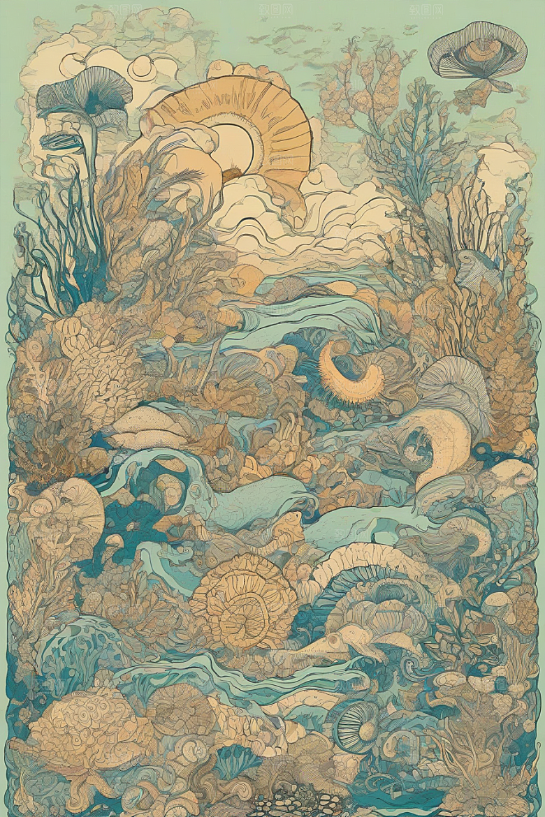 海洋奇幻植物和生物插画的奇幻之旅