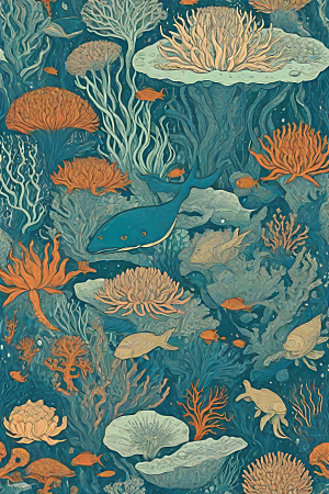 海洋奇幻植物和生物插画的奇幻之旅
