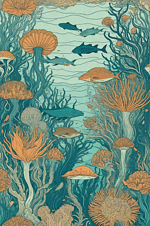 海洋奇幻植物和生物插画的奇幻之旅