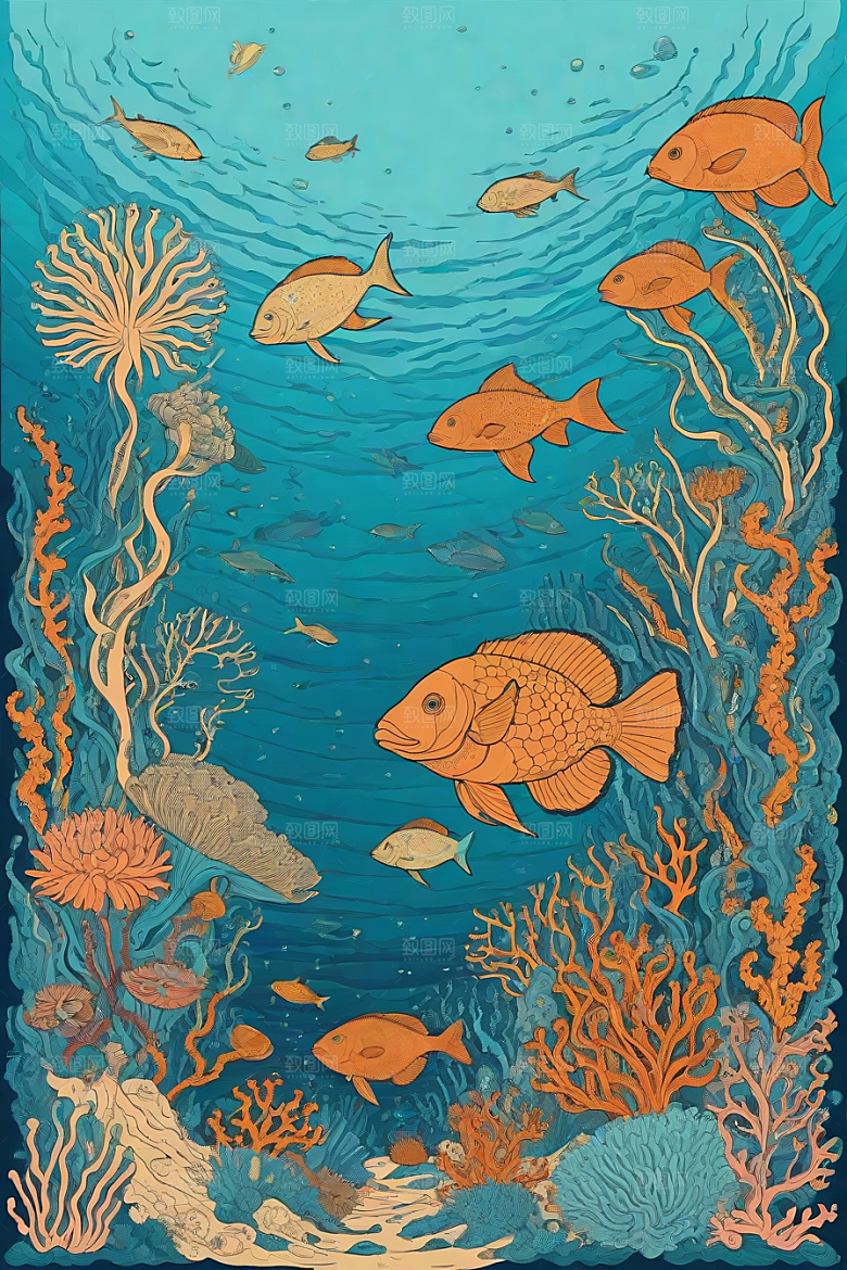 海洋奇幻植物和生物插画的奇幻之旅