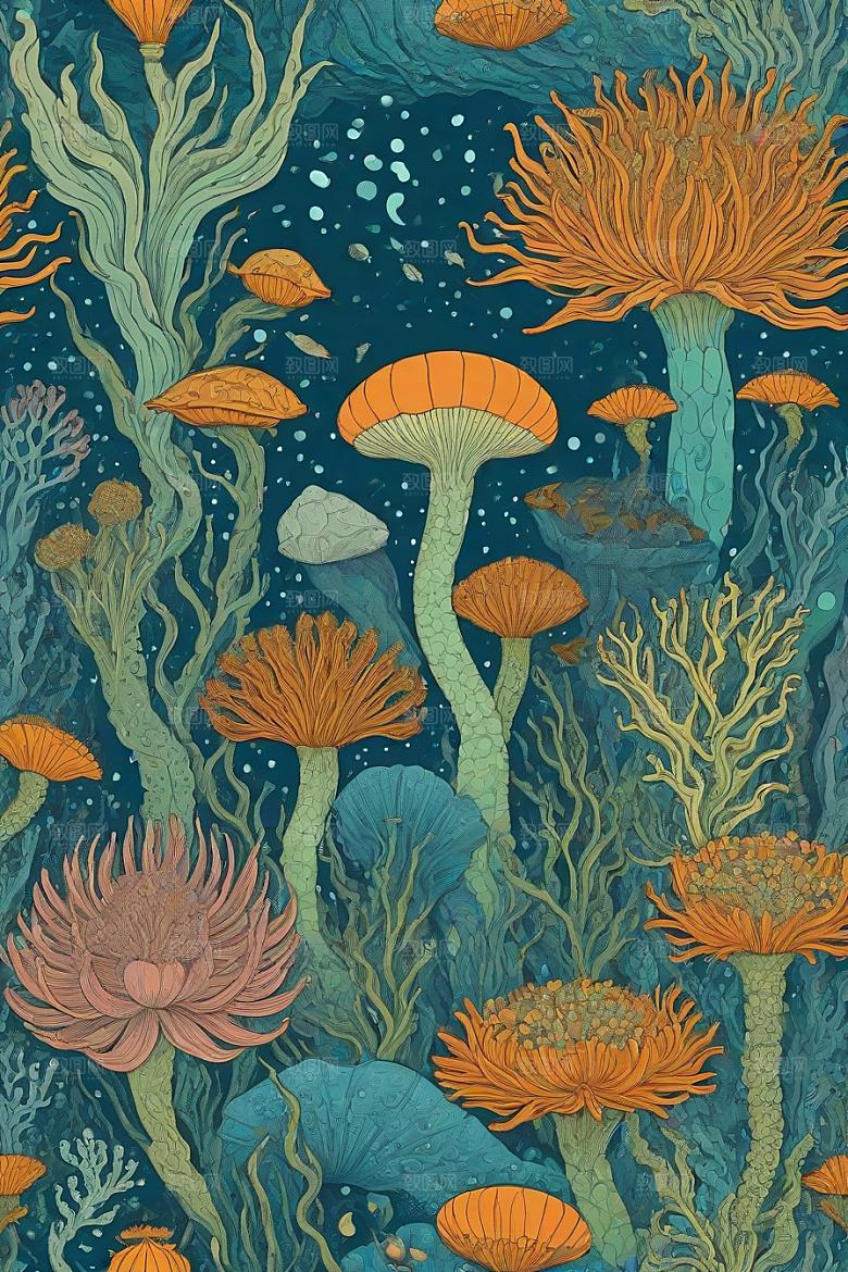 海洋奇幻植物和生物插画的奇幻之旅