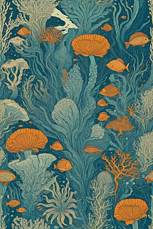 海洋奇幻植物和生物插画的奇幻之旅