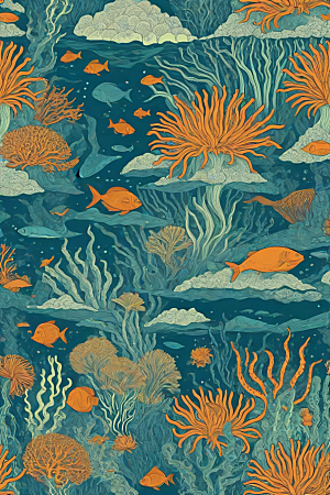 海洋奇幻植物和生物插画的奇幻之旅
