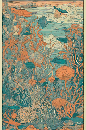 海洋奇幻植物和生物插画的奇幻之旅