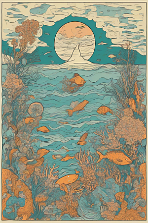 海洋奇幻植物和生物插画的奇幻之旅