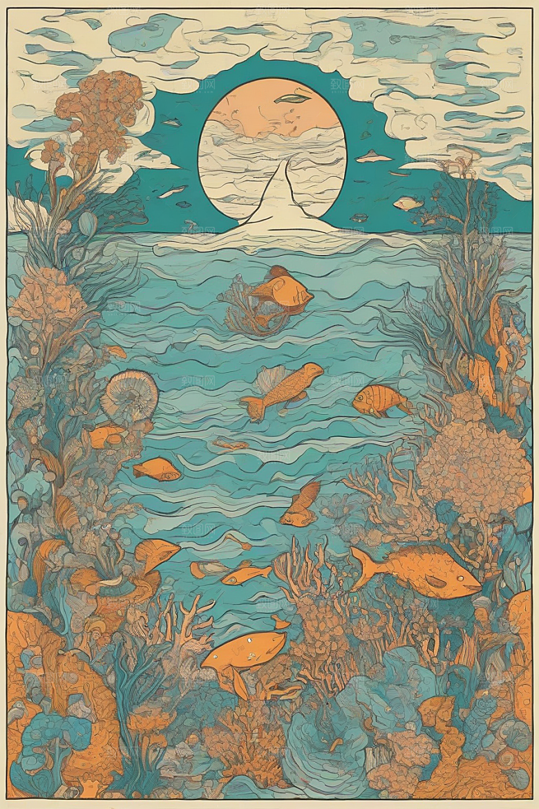 海洋奇幻植物和生物插画的奇幻之旅