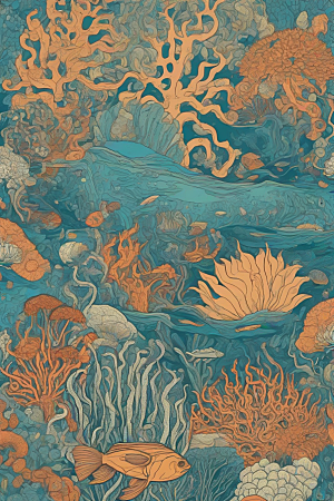 海洋奇幻植物和生物插画的奇幻之旅