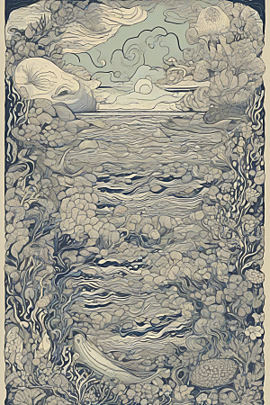海洋奇幻植物和生物插画的奇幻之旅