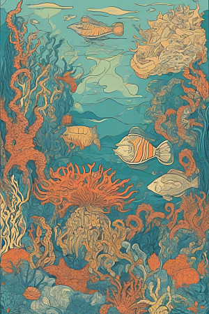 海洋奇幻植物和生物插画的奇幻之旅