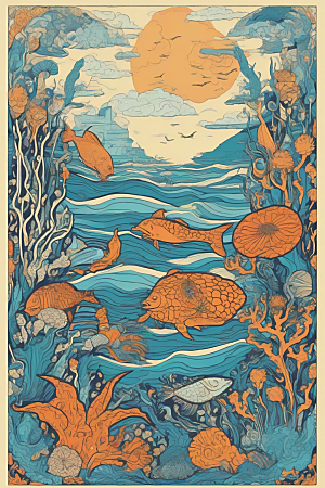 海洋奇幻植物和生物插画的奇幻之旅