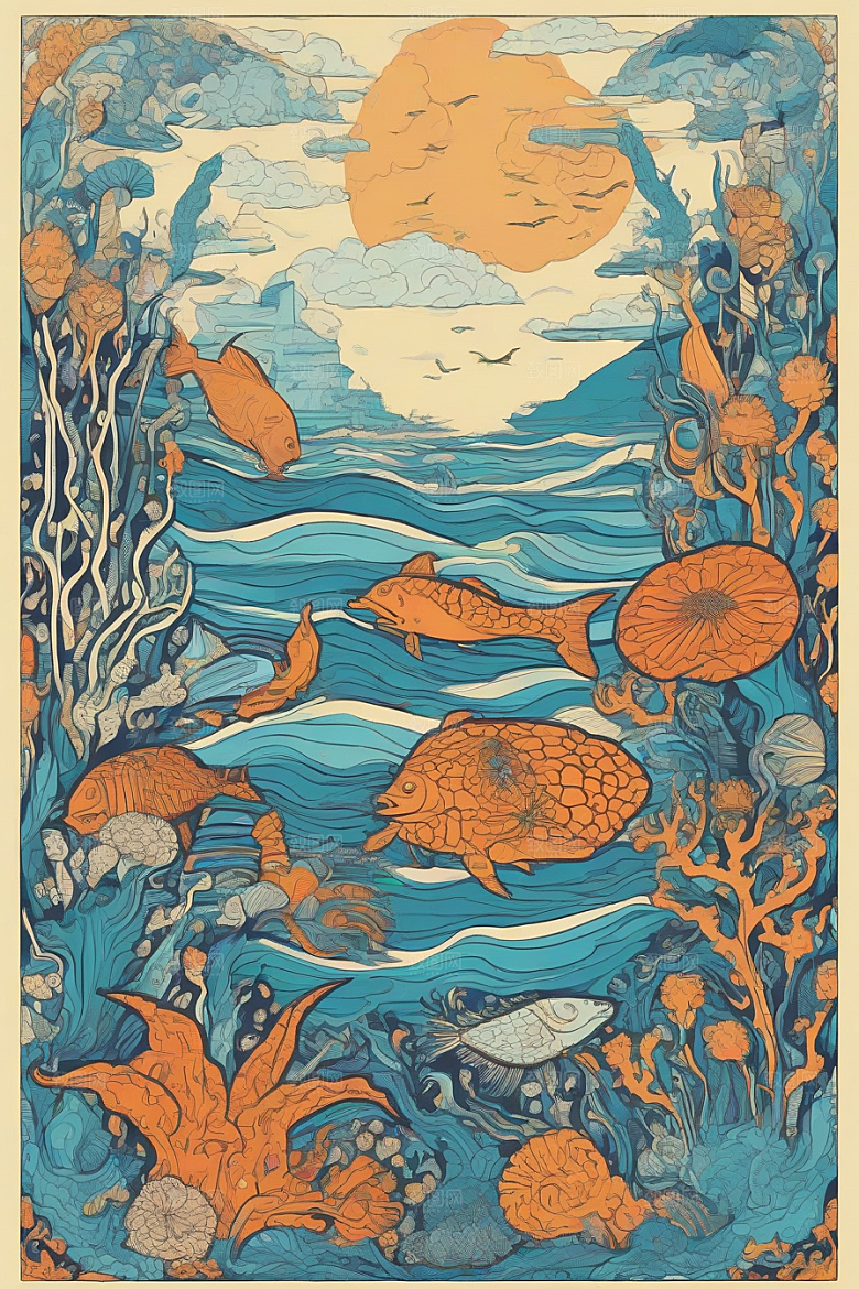 海洋奇幻植物和生物插画的奇幻之旅