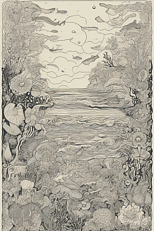 海洋奇幻植物和生物插画的奇幻之旅