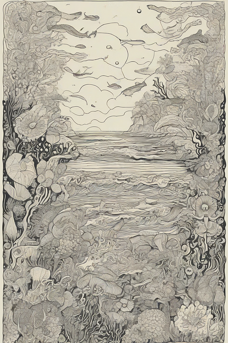 海洋奇幻植物和生物插画的奇幻之旅