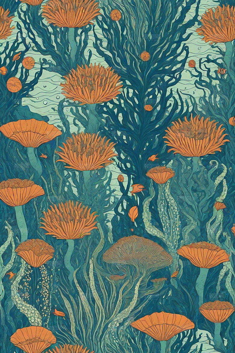 海洋奇迹植物和生物插画的神奇景观