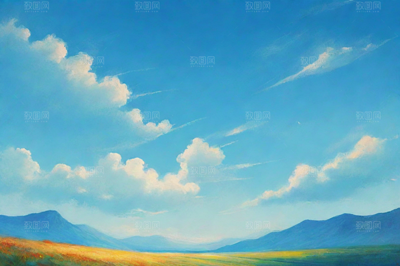 明亮蓝天下的绿草白云