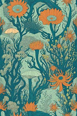 海洋奇迹植物和生物插画的神奇景观