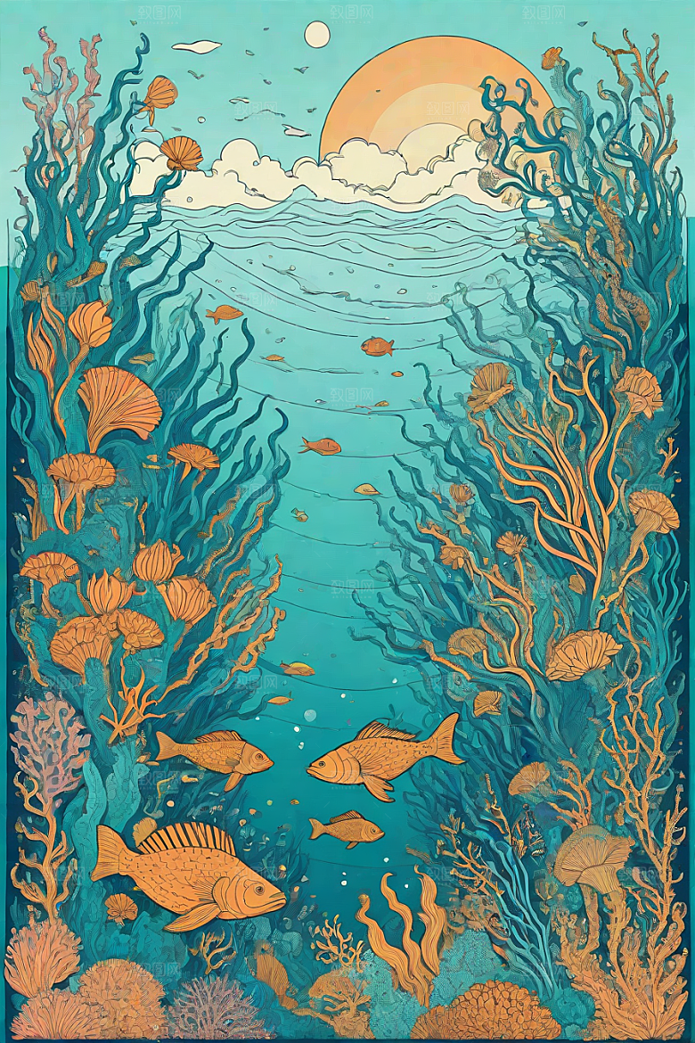 海洋奇迹植物和生物插画的神奇景观