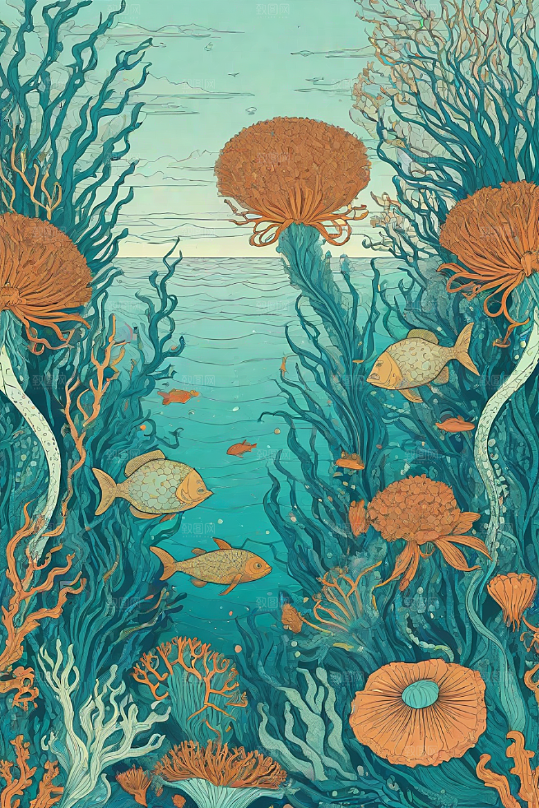 海洋奇迹植物和生物插画的神奇景观