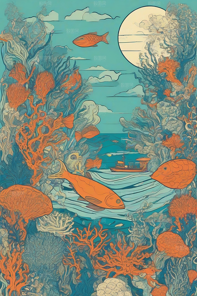 海洋奇迹植物和生物插画的神奇景观