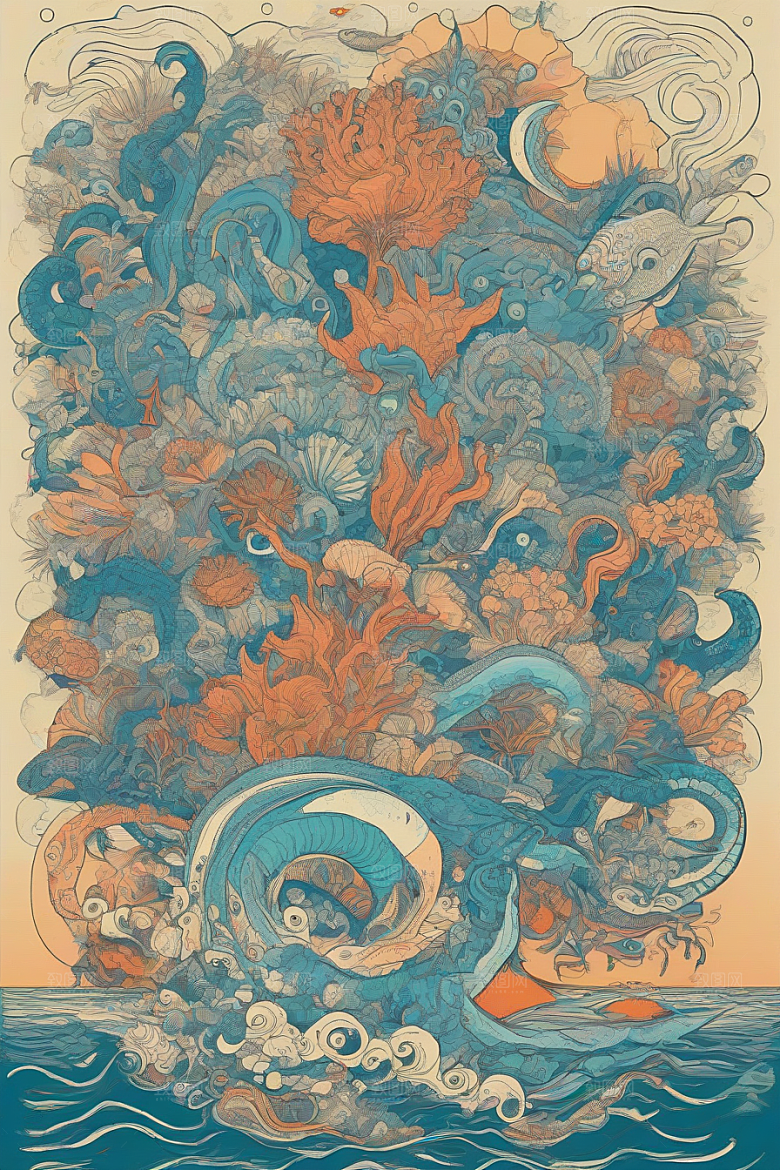 海洋奇迹植物和生物插画的神奇景观