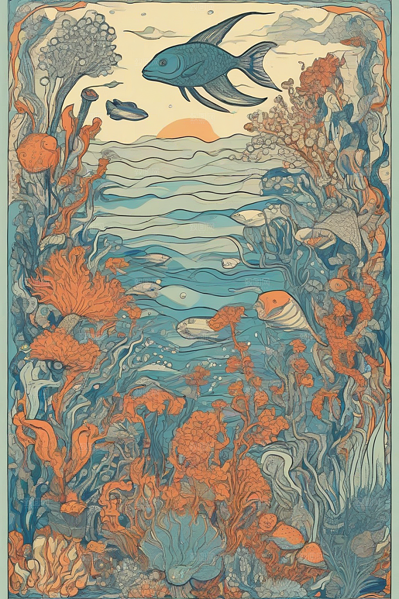 海洋奇迹植物和生物插画的神奇景观