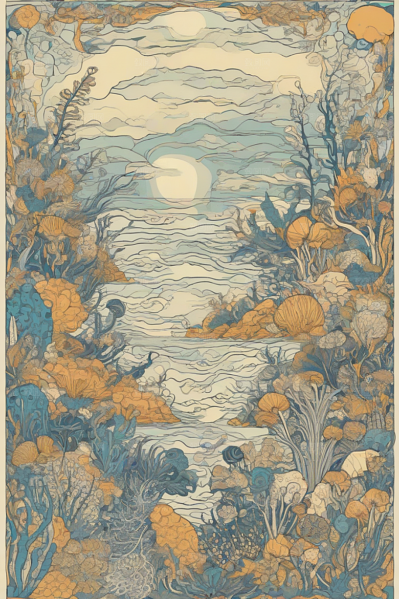 海洋奇迹植物和生物插画的神奇景观