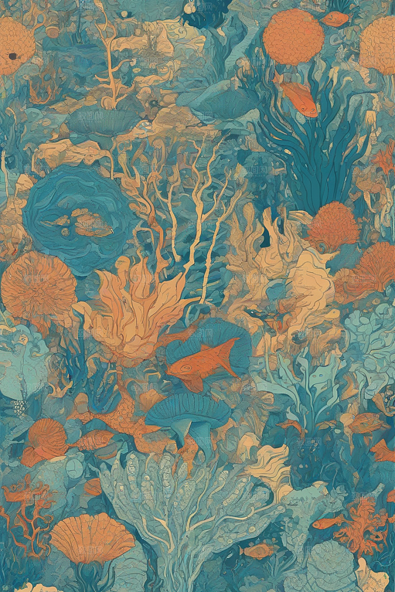 海洋奇迹植物和生物插画的神奇景观