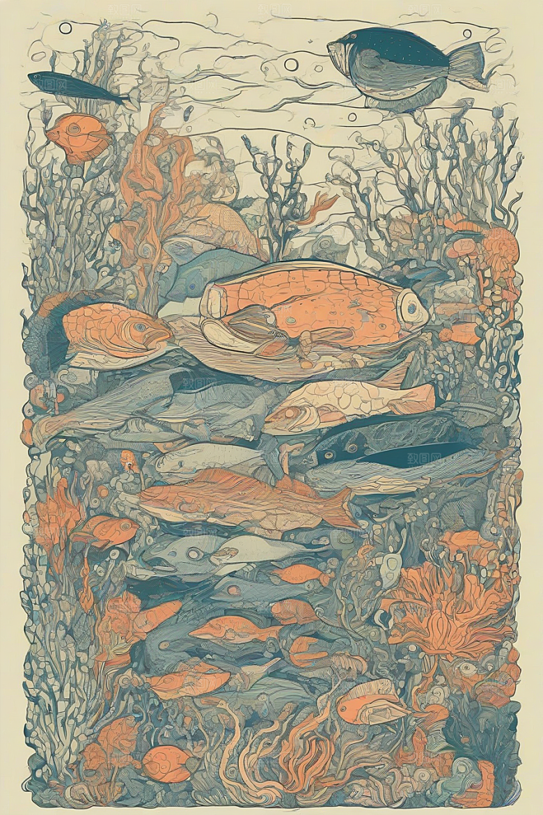 海洋奇迹植物和生物插画的神奇景观