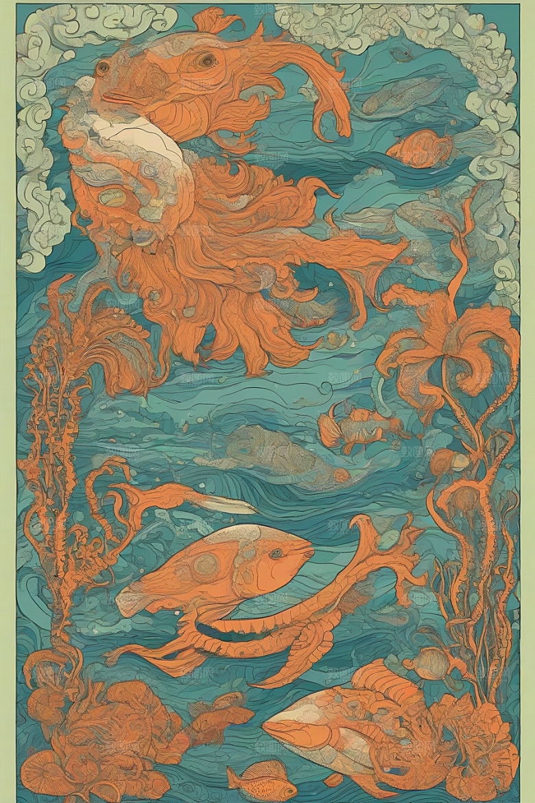 海洋奇迹植物和生物插画的神奇景观