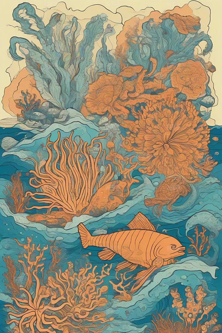 海洋奇迹植物和生物插画的神奇景观