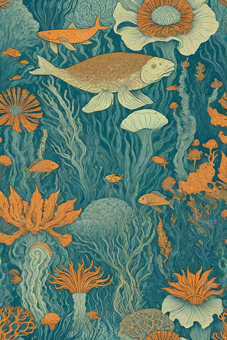 海洋奇迹植物和生物插画的神奇景观